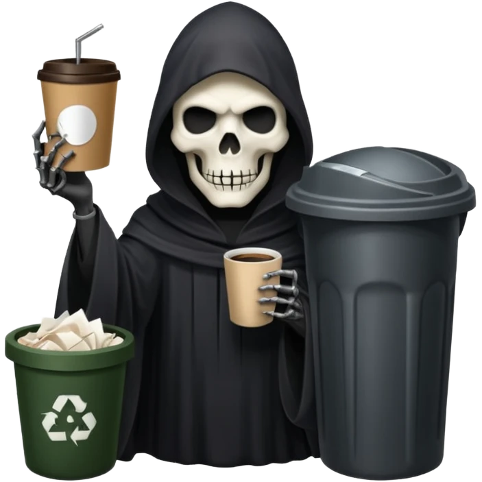 grim reaper with a coffee and trash can with papers  emoji