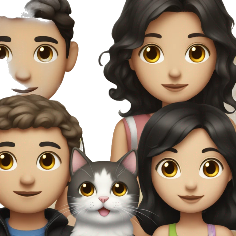 Girl and boy with dark brown hair and black and white cat emoji