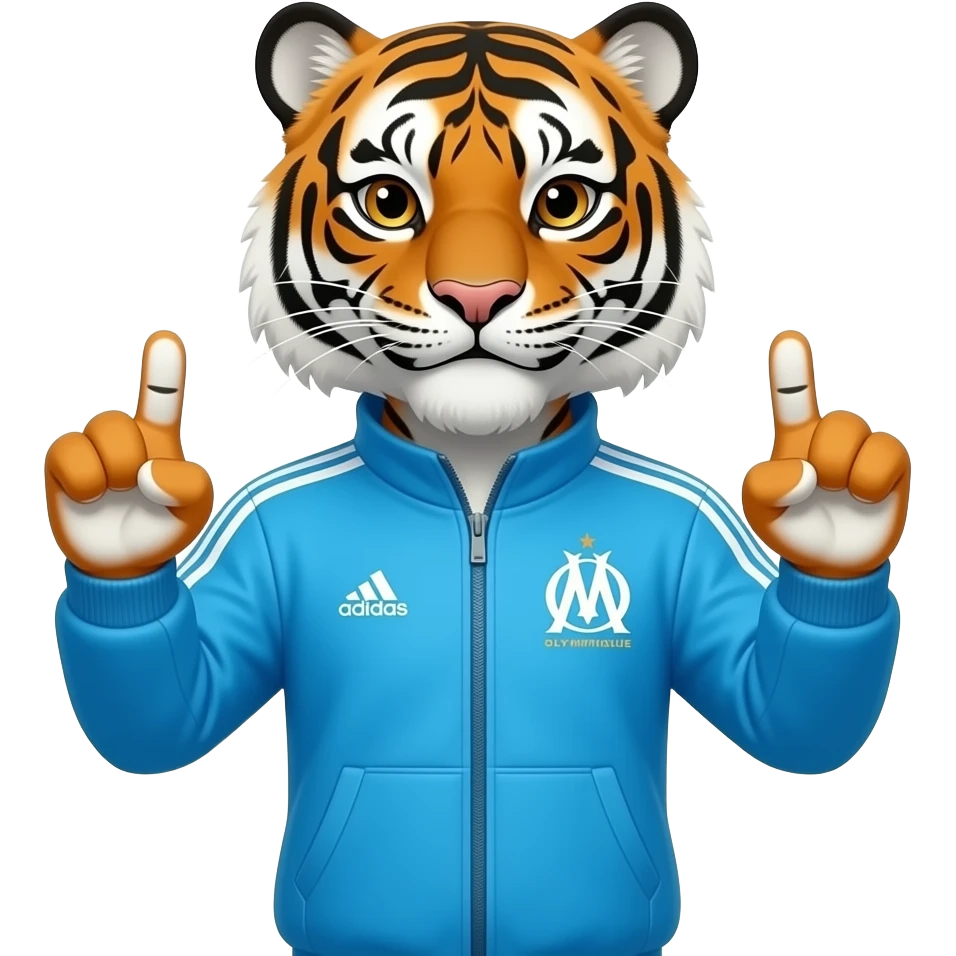 emoji tigre en survetement adidas couleur de l'olympique de marseille faisant le signe de JUL des deux mains pouce et index ouverts emoji
