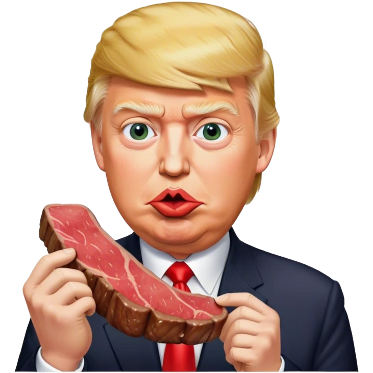 photorealistic Donald Trump eating a steak shaped like an piece of land emoji