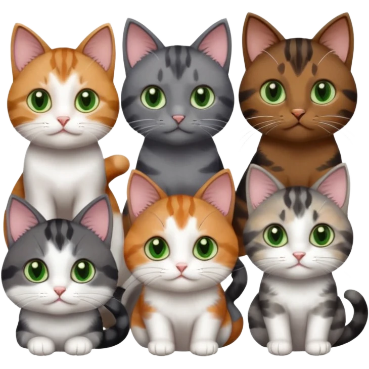 6 different coloured small cats including a dark grey and white, and a patchy calico, and a brown tabby and white,  and a completely solid dark grey with green eyes and only white paws emoji