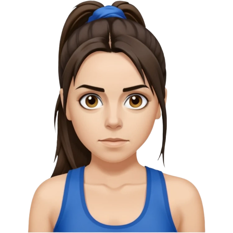 Melanie C with hazel eyes, dark brown long ponytail hair, blue tank top emoji