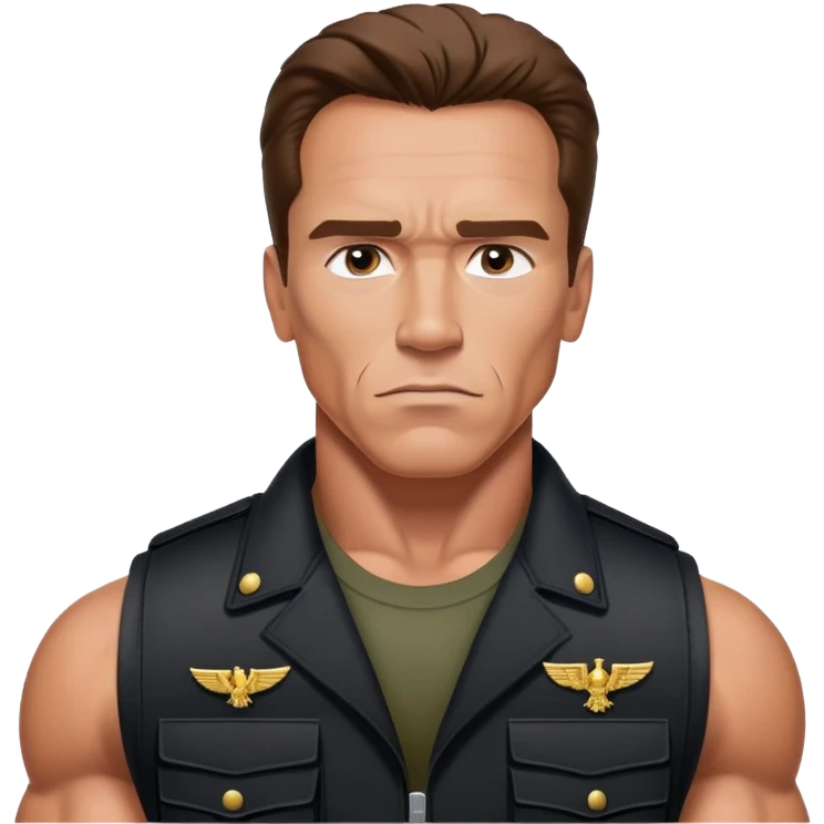 Young Arnold Schwarzenegger from the Commando poster wearing a black military vest that has no logos on it with war makeup on ready to fight (seen above the chest) emoji