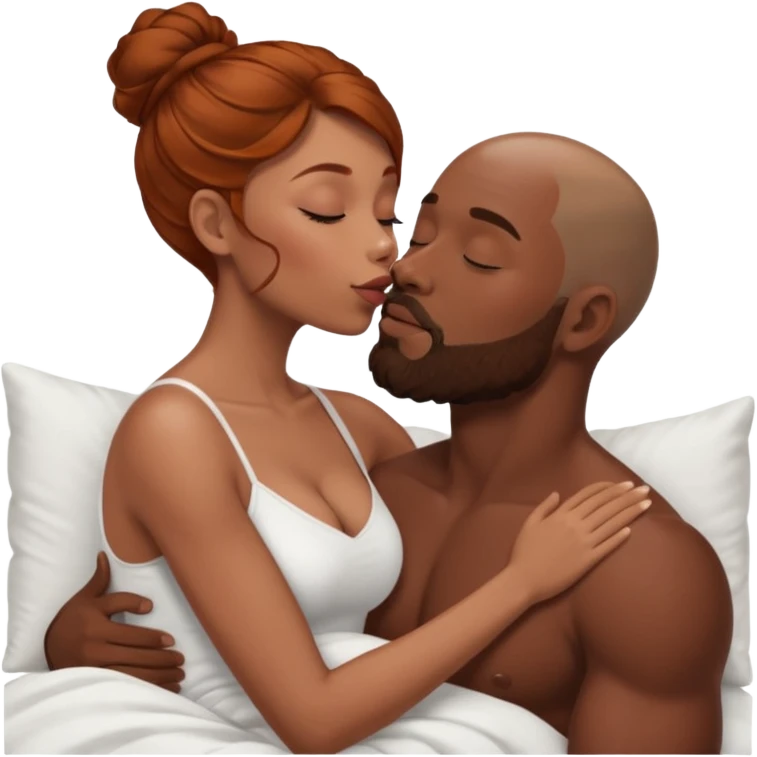 Dark black women with brown balayage hair AND kissing muscular white bald man with ginger beard, affection, tenderness, romance in bed emoji