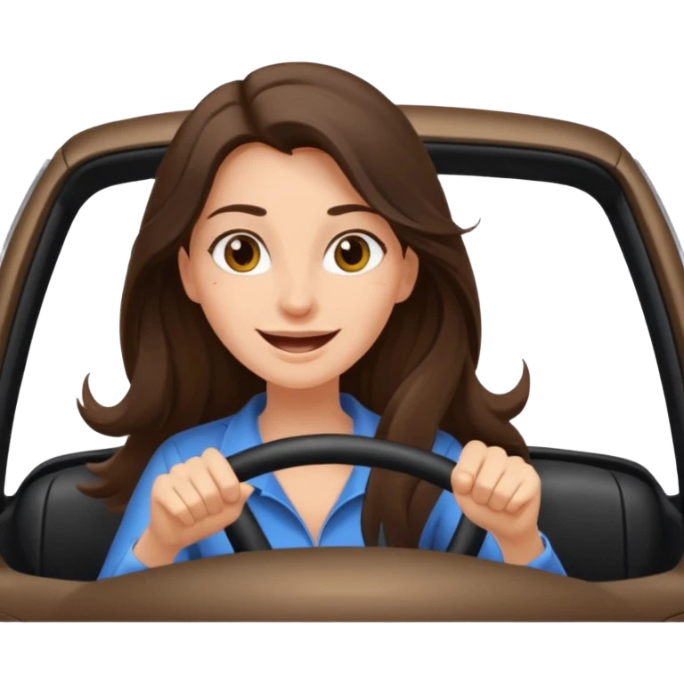 Brunette long hair driving car like crazy. Happy face confidence  emoji