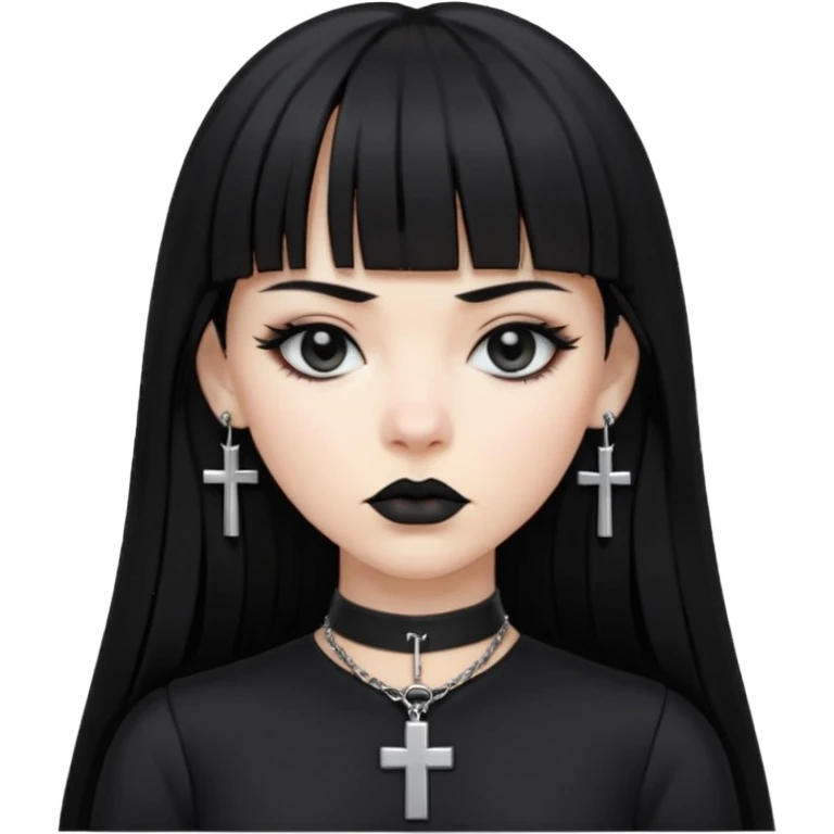 vampira parda com cabelo preto longo e liso e franja, olhos pretos, brincos em formato de cruz, choker em formato de cruz, roupa preta com decote, batom preto e séria emoji