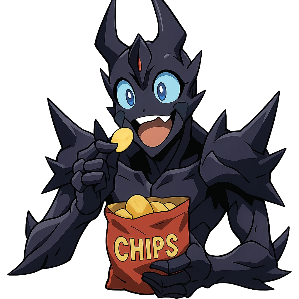 anime style Beru from Solo Leveling eating chips, expressive and cute emoji
