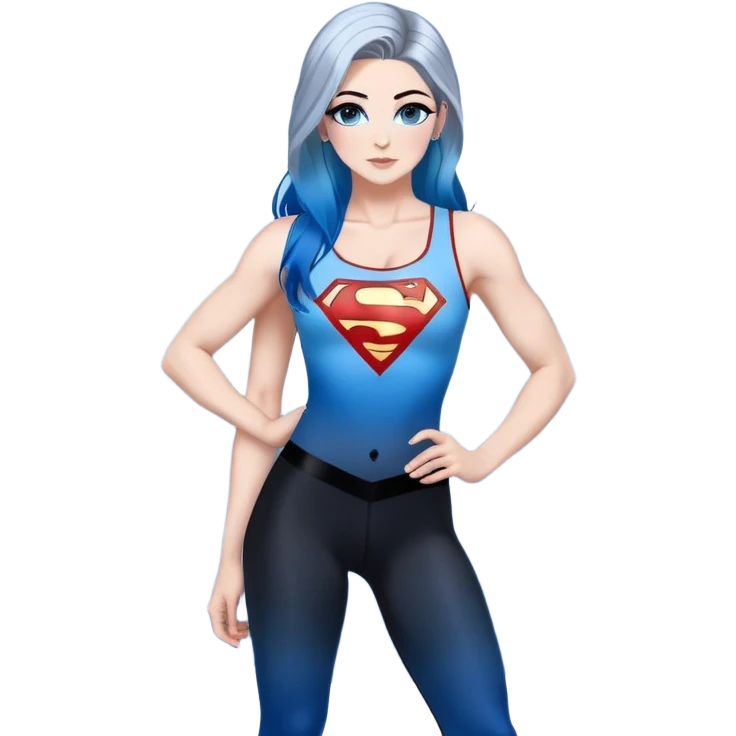 Full body-very very large chest-gorgeous face-black leggings-very long very straight dark blue to light blue ombre hair-and-blue eyes-a lot of black eyeliner-thick long eyelashes-sky blue low cut tanktop with glitter superman logo-silver hoop earrings emoji