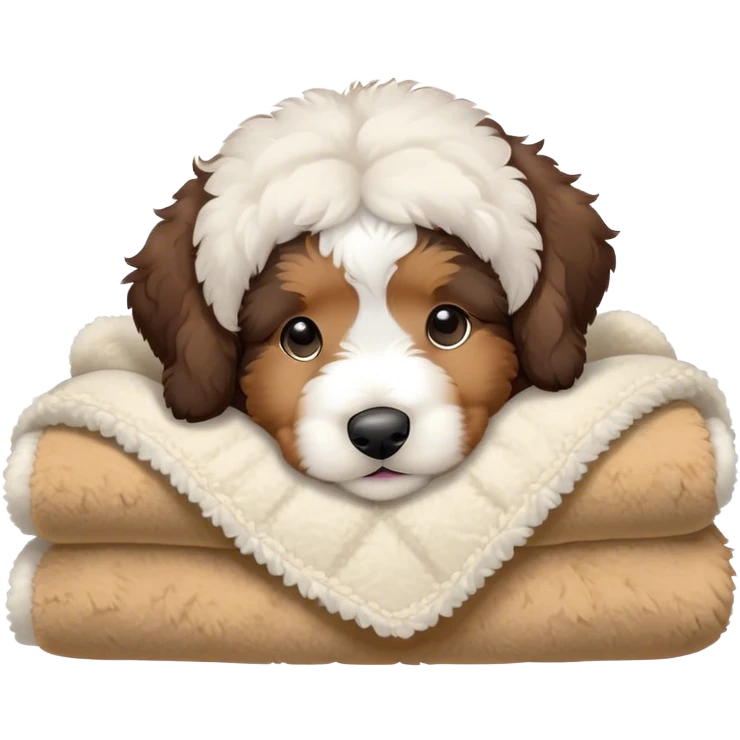 bernedoodle puppy cozy in a sherpa blanket, kawaii disney-style cute emoji