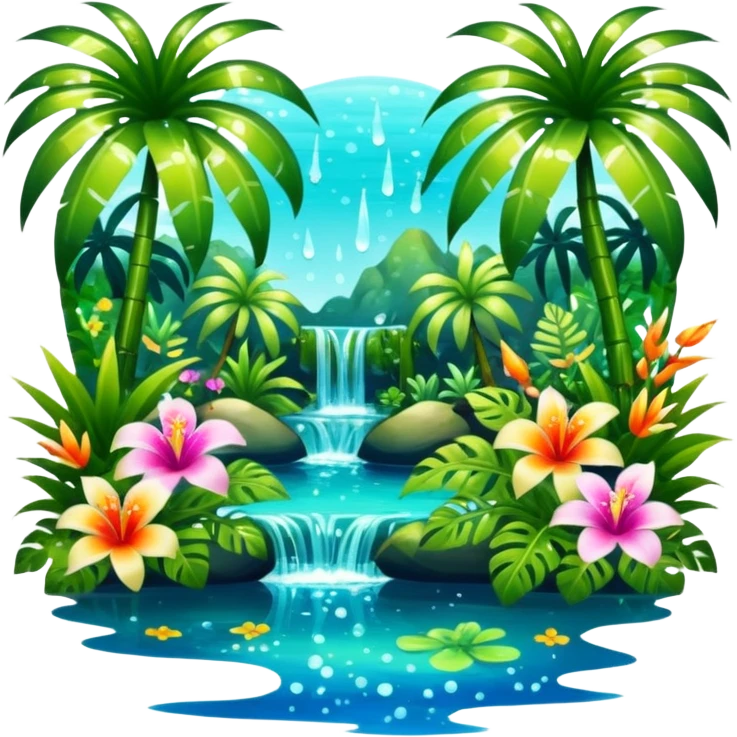Lush exotic tropical sparkly colorful flowery jungle nature glittery water wildlife scenery  emoji