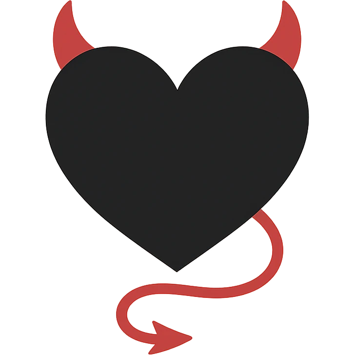 Minimalist devil heart icon: a black heart with red horns and a thin tail, on a transparent background. Simple and minimal style. emoji