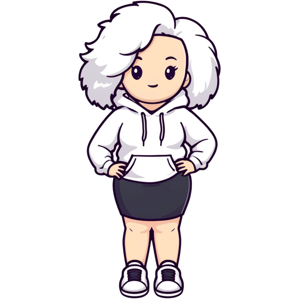 Female with slim hourglass figure, white big hair, wearing white sweatshirt, black skirt, and white shoes, full body pose emoji