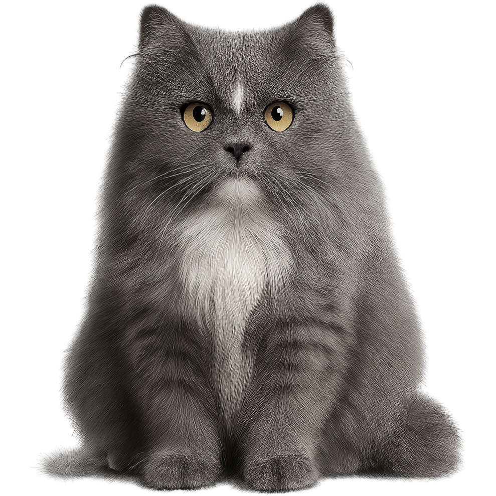 cute Persian cat with long gray fur, white spot on forehead, white chest, big yellow-green eyes emoji