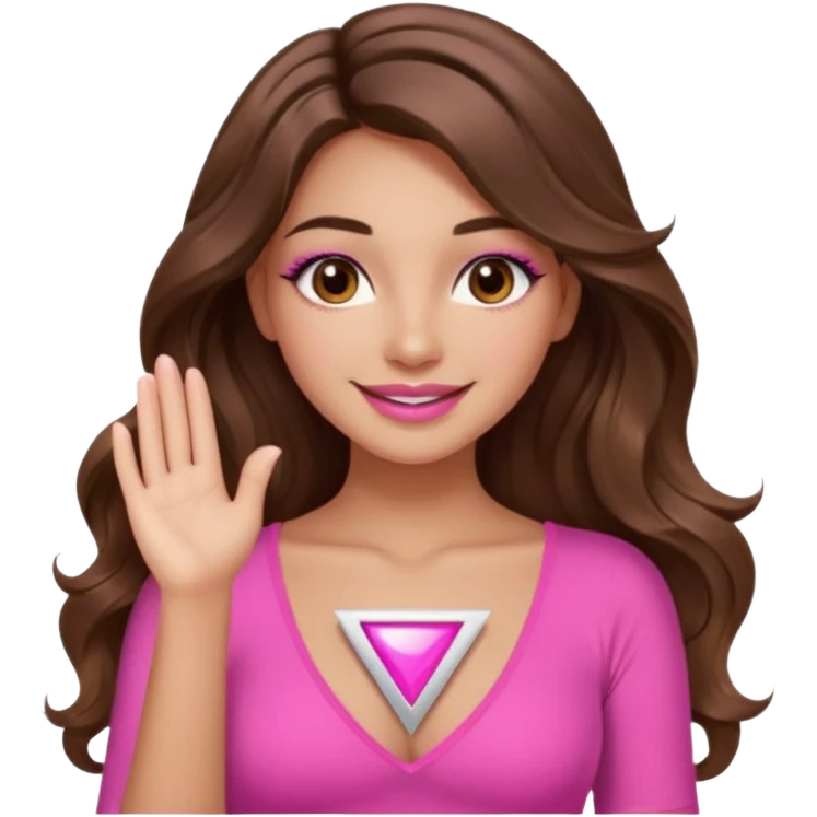girl with long wavy brown hair, brown eyes, long lashes, sexy pink lips, light to medium complexion, wearing a pink sexy top, smiling, hands together in a tryangle emoji