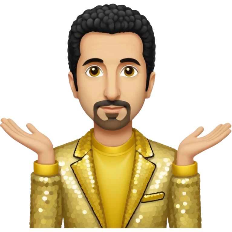 Serj Tankian with ivory sequin jacket, yellow shirt emoji