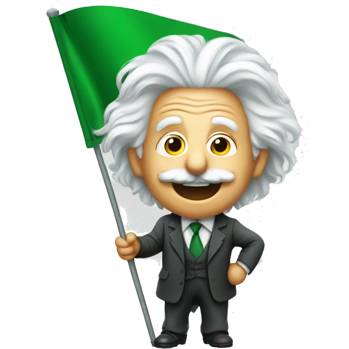 happy albert einstein holding green flag in one hand emoji