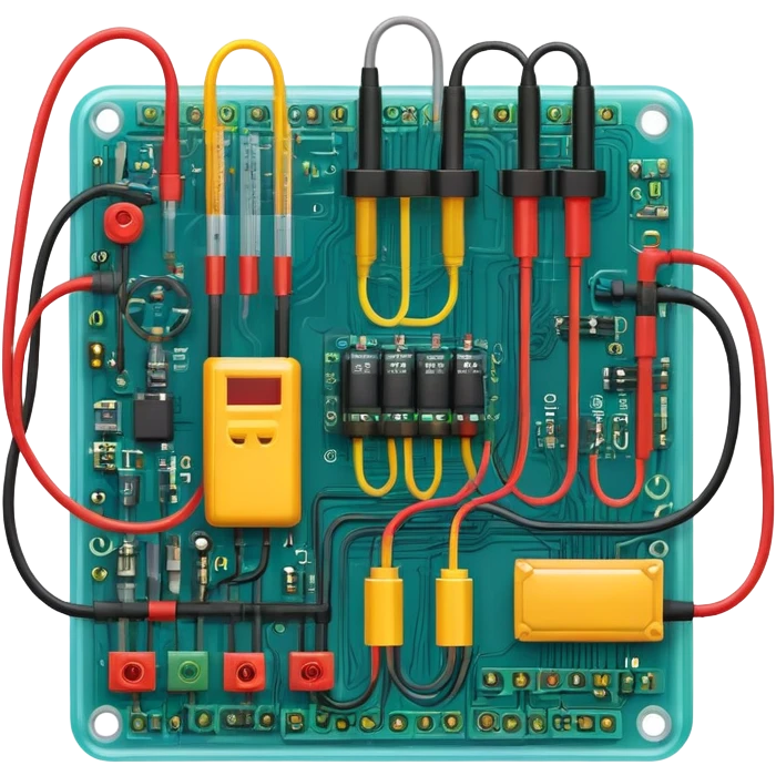 An icon featuring circuit boards, glowing wires, and a multimeter, symbolizing electrical engineering. The design includes voltage symbols and electric currents flowing through components, representing the study and application of electricity. Transparent background emoji