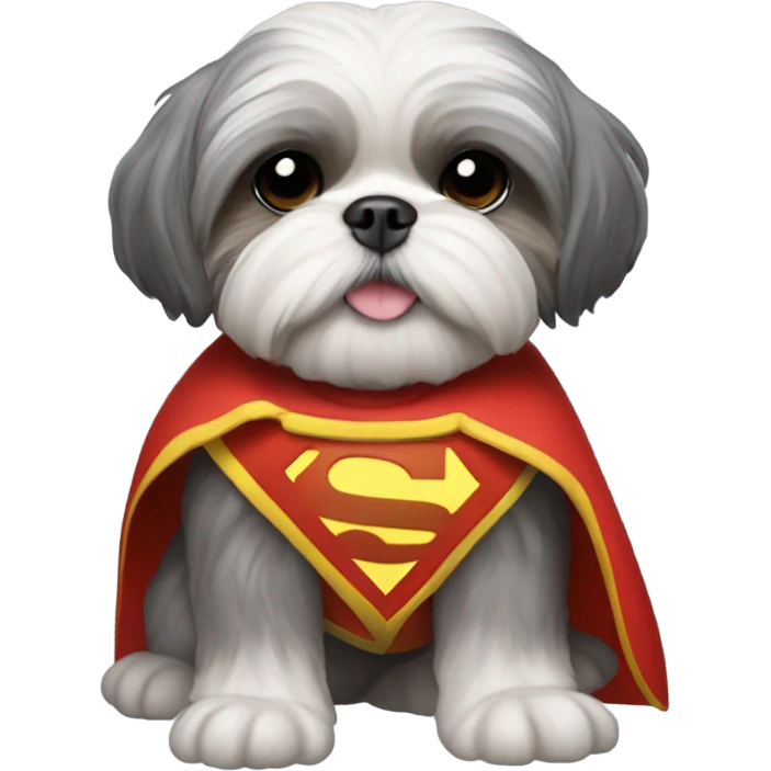 A shitzu, gray color, dressed as a fireman with a Superman cape  emoji