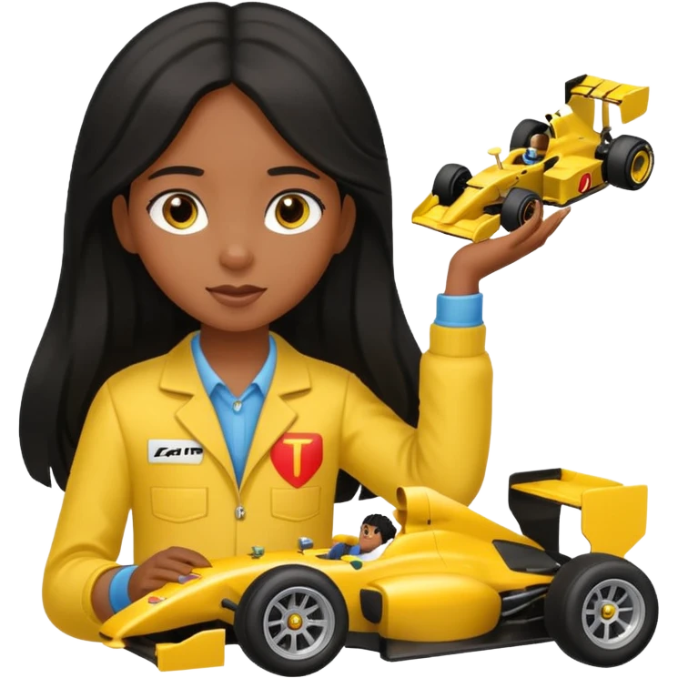  long black haired black girl kid playing yellow colored formula 1 car toy emoji