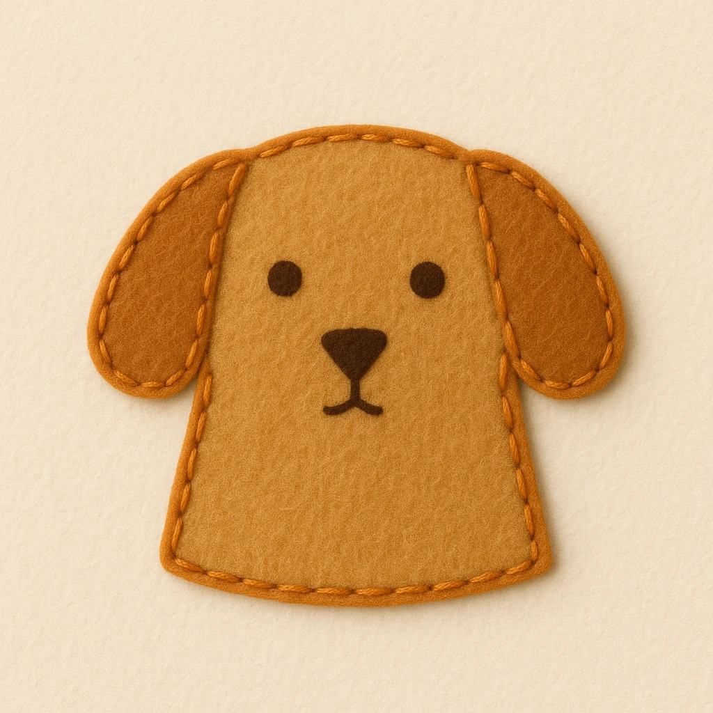 Minimal felt patch of a dog with soft matte felt, muted orange stitched edge, low detail, small round eyes, simple triangle nose, no mouth, warm color palette, flat perspective, off-white background emoji