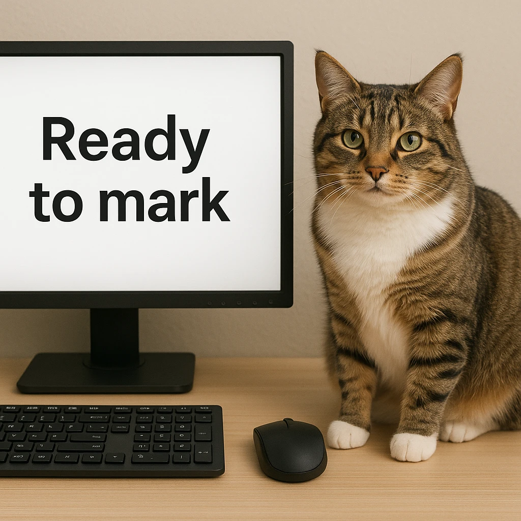 A cat sitting next to a computer with the inscription 'Ready to mark' emoji