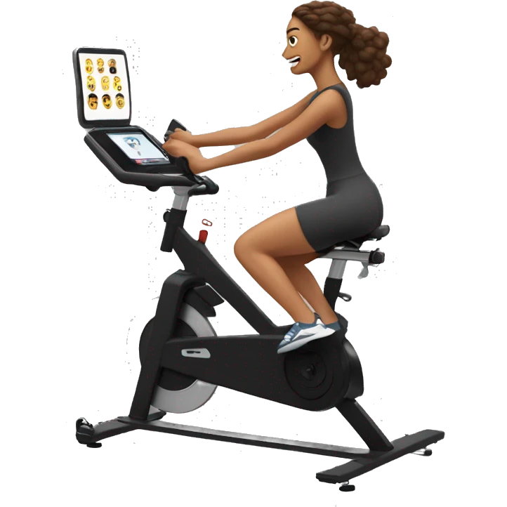 Woman pedaling on a Peloton stationary bike with screen emoji