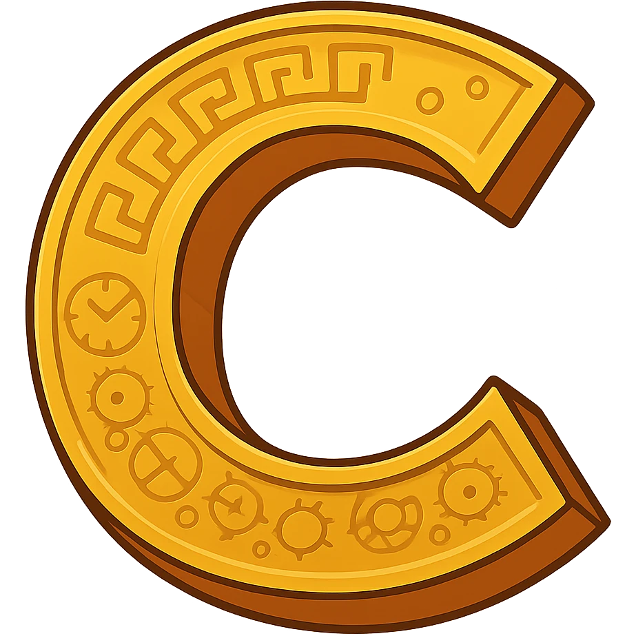 cartoonish letter C, golden and bold, with subtle Greek key patterns and faint clockwork engravings, referencing Chronos, only the letter C, no faces or objects emoji