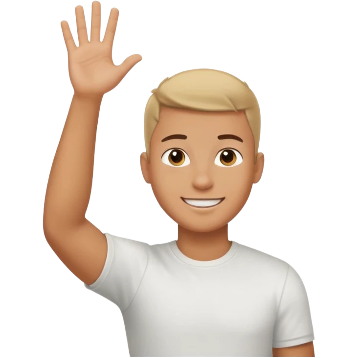 joven bronceado corte de soldado oscuro muy cortito polera blanca sonrisa bonita saludando mano arriba emoji