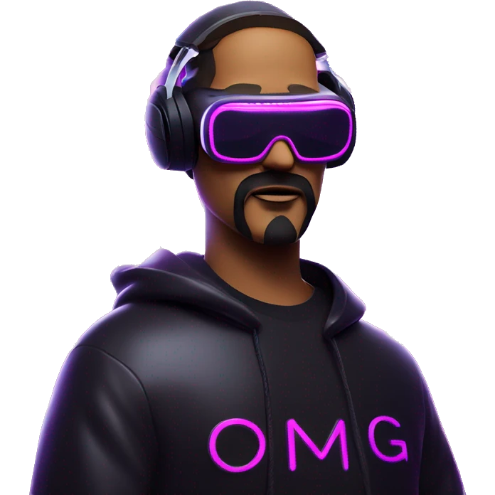 Big Lebowski wearing a black hoodie with "OMG" letters on it and VR headset oculus quest 2 in a cyberpunk VR environment with violet neon lighting. emoji