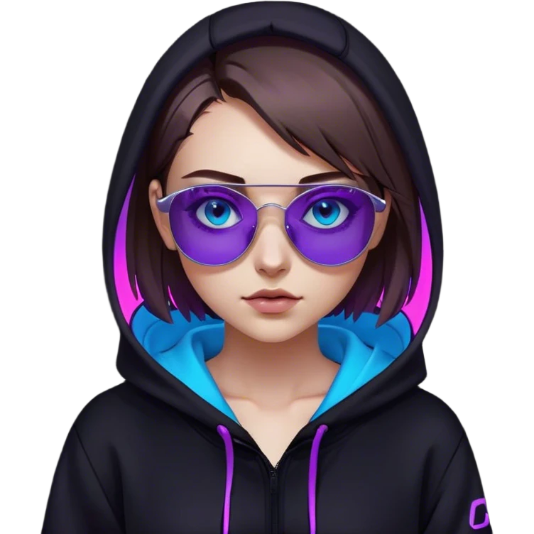 
girl with brown bob and blue eyes in a black hoodie and sunglasses. Cyberpunk style. Violet neon. emoji