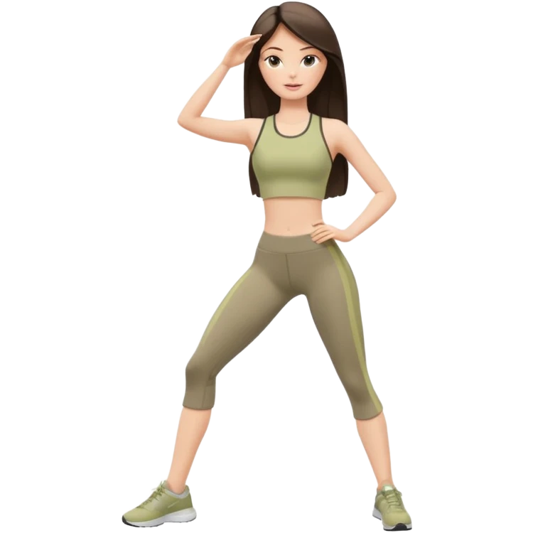 A white Barbie girl with long dark brown straight hair in a pale olive clothes doing exersises emoji