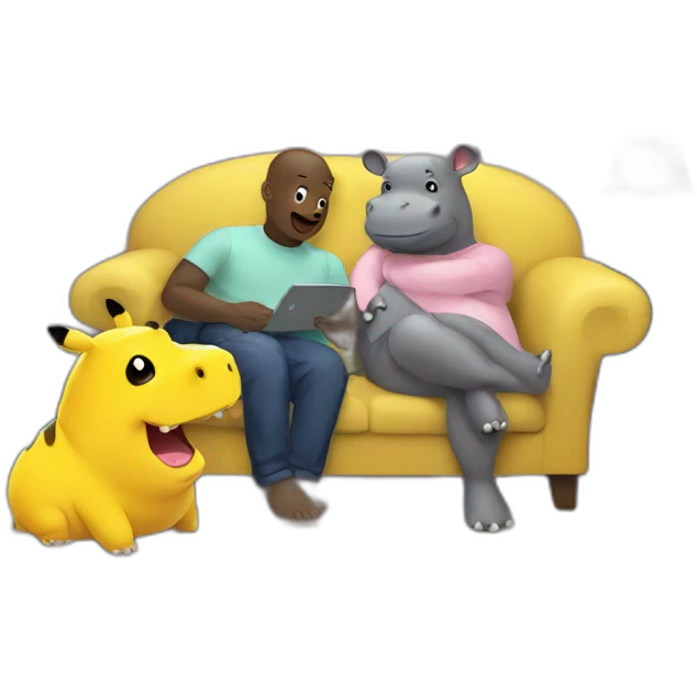 hippo and pikachu watching TV in sofa emoji