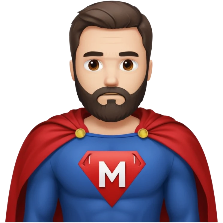 бородатый мужчина в костюме супер героя с буквой М на груди грустит emoji