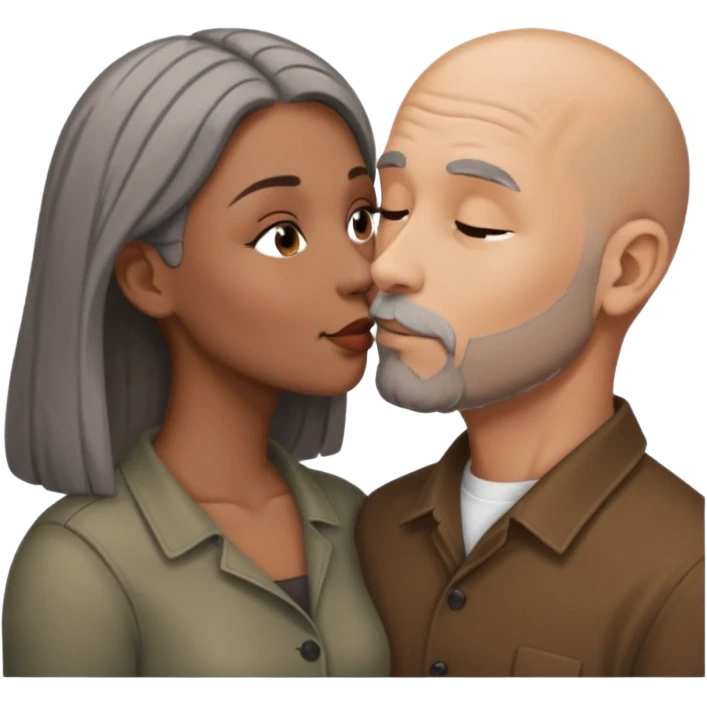 Brown bald man kissing brown woman with grey hair emoji