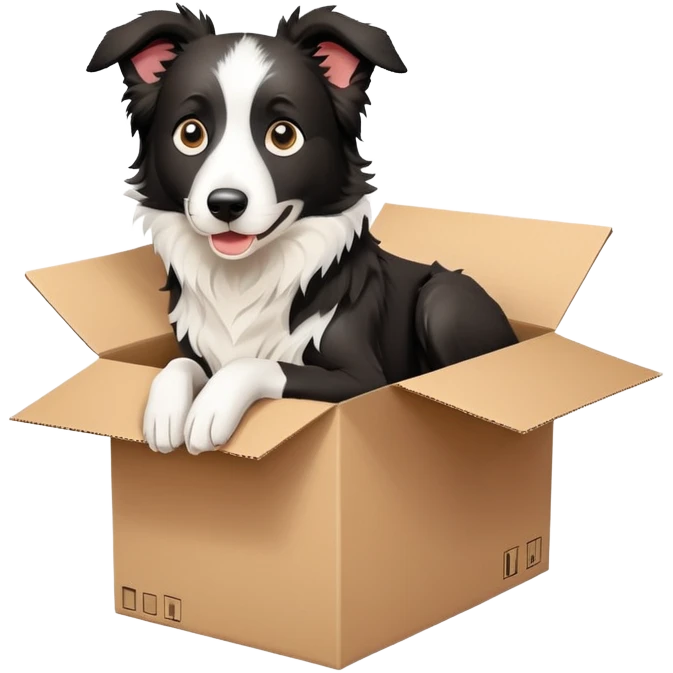  A very cute young Border collie  with one's head tilted to one side poked its paws out of the cardboard big box and placed them on top of it emoji