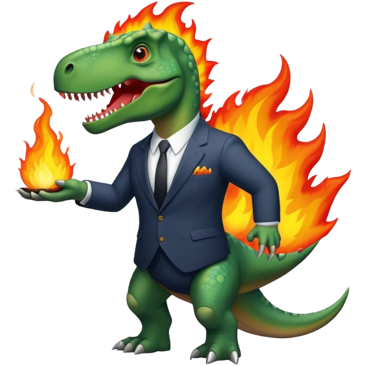 office dinosaur in a suit on a fire emoji
