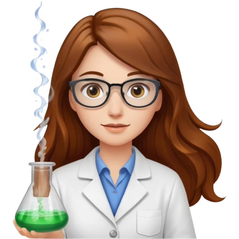 Crie emojis de uma mulher de cabelos longos castanhos farmacêutica mexendo com becker e com faiscas emoji