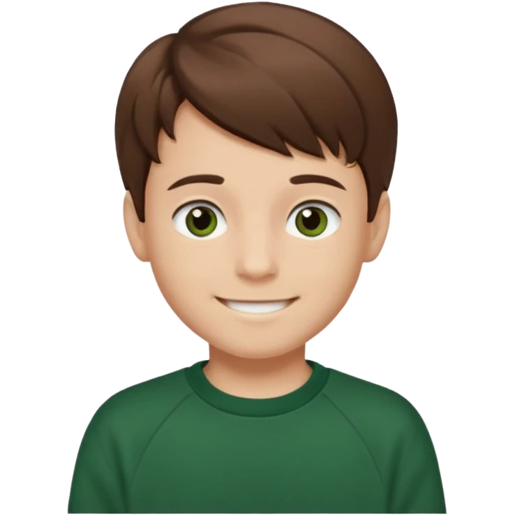 a smiling boy with brown hair and white skin with dark eyes and he is wearing a dark green sweatshirt emoji