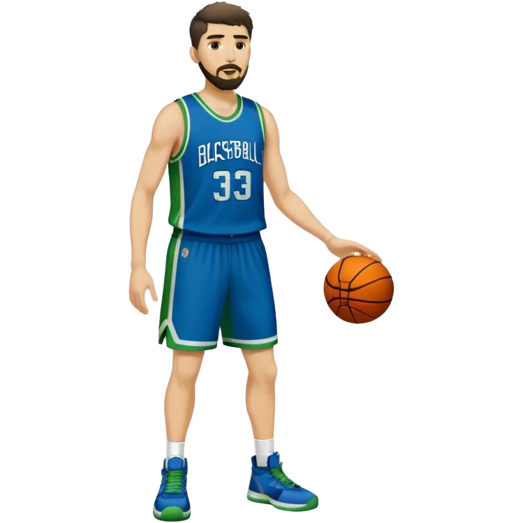Full Body  white male basketball player with short dark shaggy hair and goatee beard wearing blue and green uniform emoji