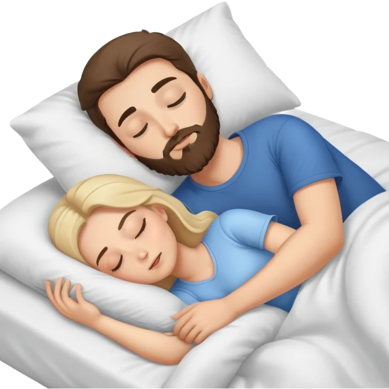 Brunette women sleeping in bed on white blonde man with beard emoji