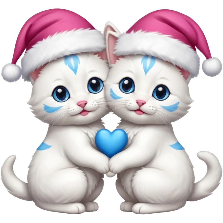 two hugging white happy fluffy cute kittens with Santa hats emoji