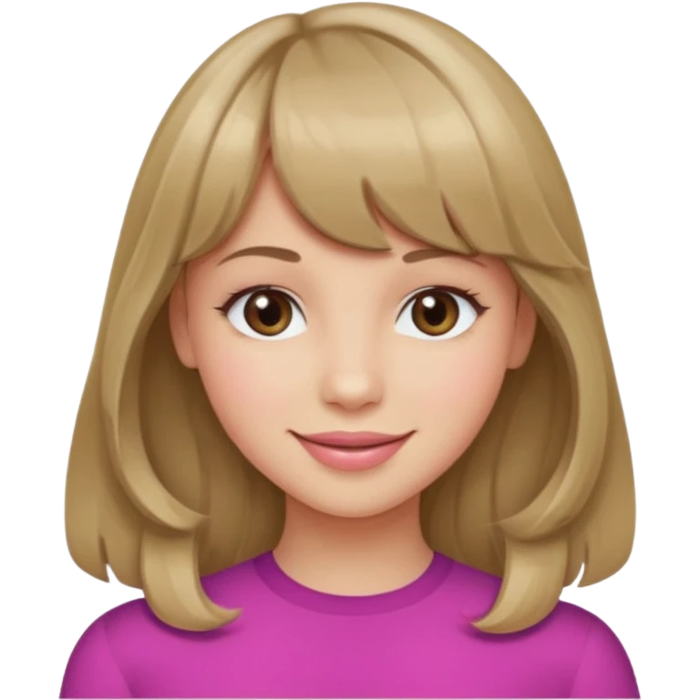 A girl with wavy, dark blonde hair, straight bangs, and straight eyes. She is smiling. emoji
