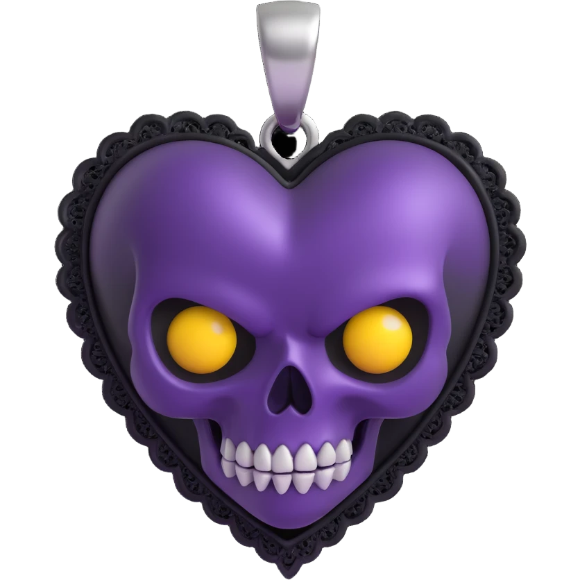 3D emoji gothic heart, dark purple satin texture, silver skull charm, black lace trim, moody and elegant style emoji