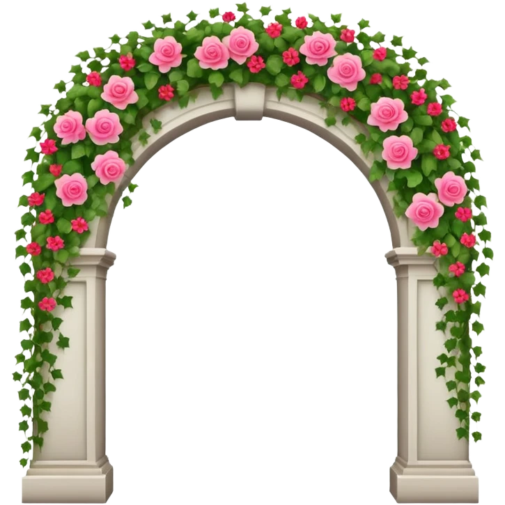 White tall archway with vines, ivies, and romantic pink and red flowers  emoji