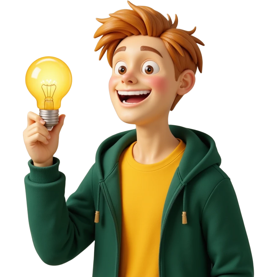 bright and expressive male visionary, fair skin, tousled golden hair, wide joyful eyes, wearing a green hoodie over a yellow tee, one hand raised with a glowing lightbulb, waist-up, front-facing emoji