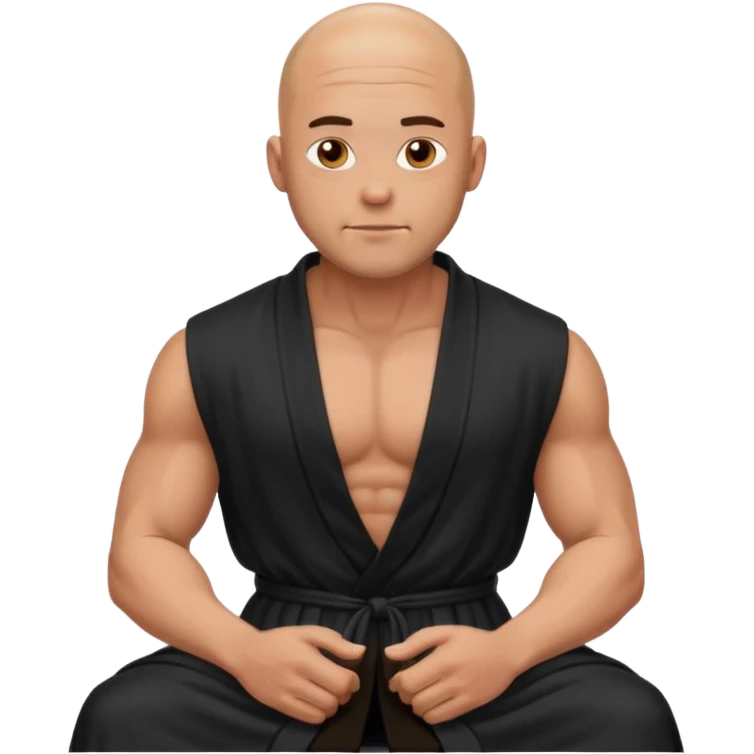 fullbody jacked bald guy, sleeveless and unbuttoned in full black robe sitting emoji