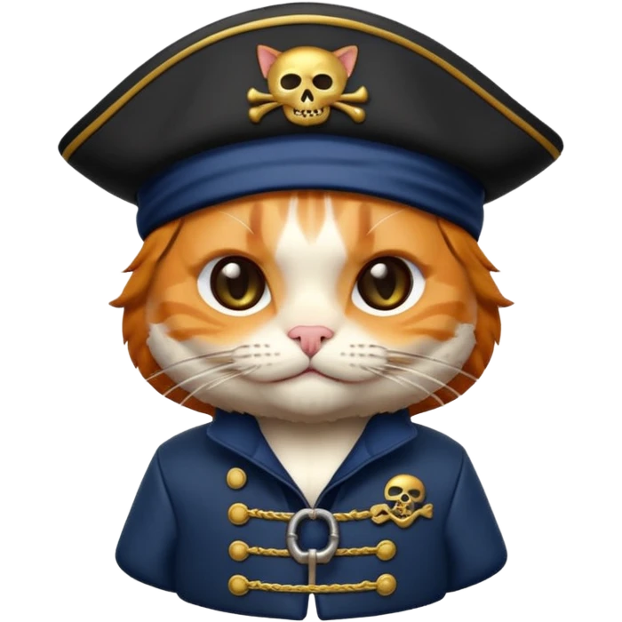 Premium 3D emoji icon of a cute ginger cat pirate, wearing a **deep navy blue** velvet pirate hat with a silver skull icon, and a black and gold captain's jacket. Glossy finish, claymorphism style, soft studio lighting, isolated on white background, 8k resolution, stylized professional look --v 6.0 emoji