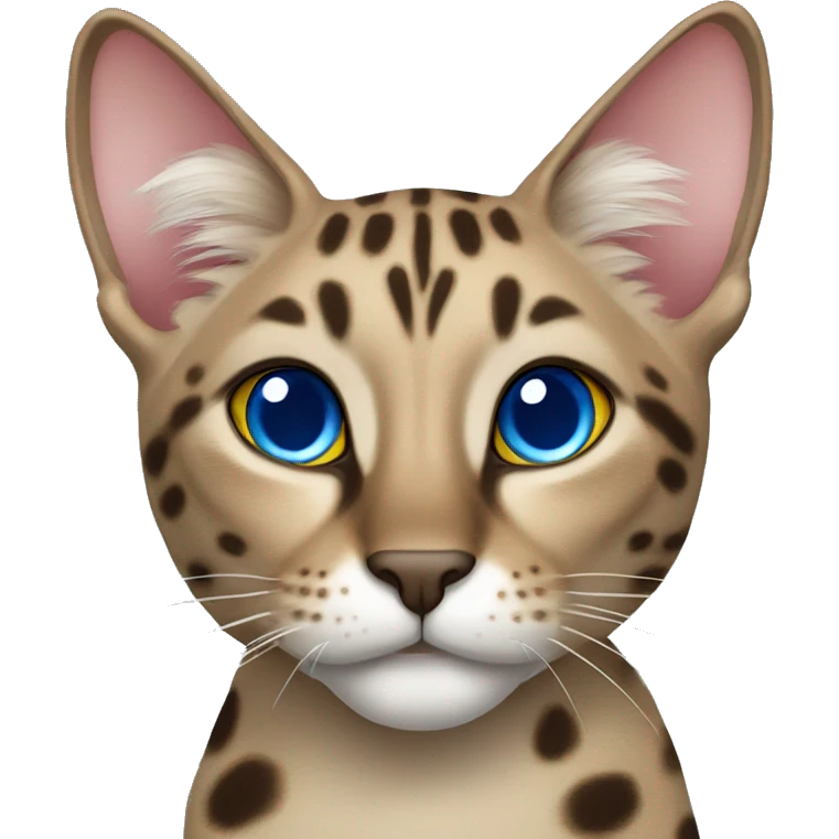 A cat, breed Savannah f1, with big ears, coloring like a leopard and blue eyes named Luna emoji