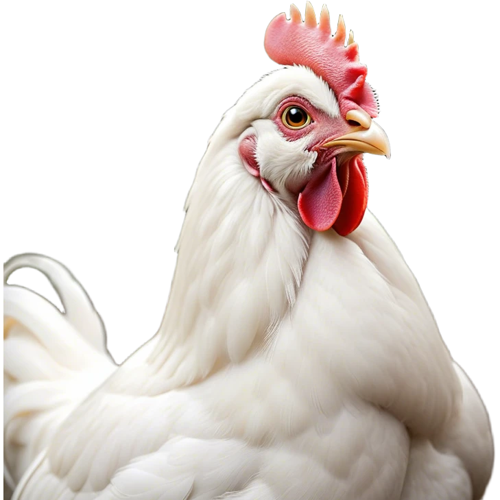 Cinematic Noble White Chicken Portrait Emoji, Poised and regal, with a compact, sturdy build and a pristine, well-groomed pure white plumage, deep-set soulful beady eyes, Simplified yet sharp and sophisticated features, highly detailed, glowing with a soft, dignified glow, high shine, intelligent and alert, stylized with an air of barnyard elegance, focused and attentive, soft glowing outline, capturing the essence of a watchful and confident fowl, so majestic it feels as though it could strut out of the screen with effortless authority! emoji