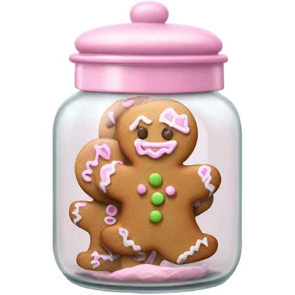 Realistic glass cookie jar with light pink lid full of gingerbread cookies isolated.  emoji
